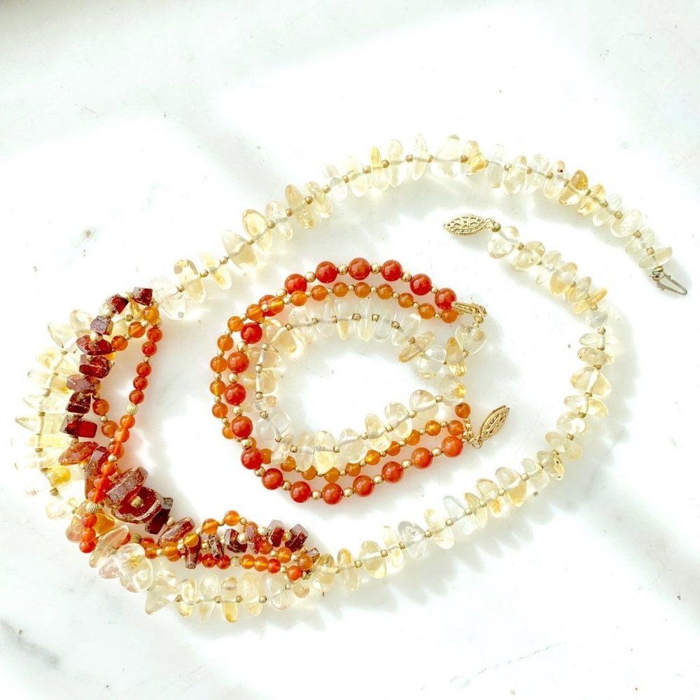 Vintage 70s 80s Amber Citrine Carnelian Necklace Bracelet Set